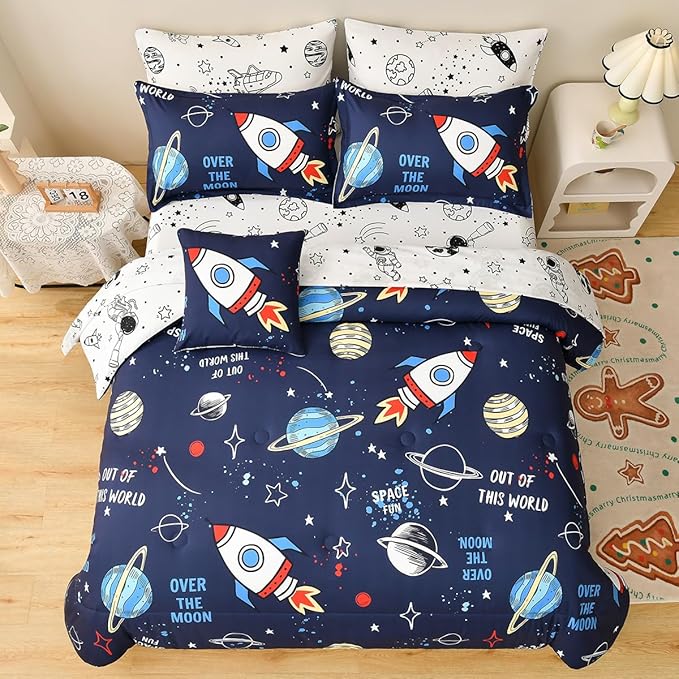 8 Piece Kid Comforter Set Twin Size Bed in a Bag, Space Rocket Bedding Set for Teen Boys Girls - LeafyLoom