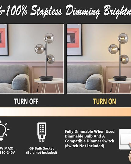 Mid Century Modern Table Lamp Smoky Grey Glass Globe Desk Lamp Industrial Vintage Bedside Table Light Contemporary Minimalist Metal Nightstand Reading Lamp Retro Table Lamp MTL03-SG - LeafyLoom