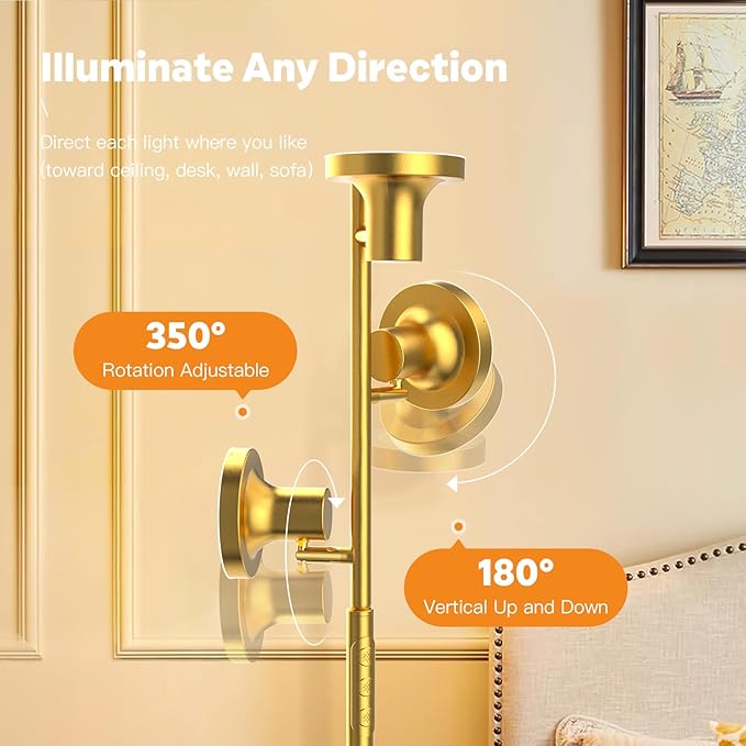 36W Super Bright Gold Floor Lamp, Modern LED Standing Lamp with Remote & Touch Control, 4 Color Temperatures, 3 Rotatable Lights, Dimmable Floor Lamps for Living Room, Bedroom, Office - LeafyLoom
