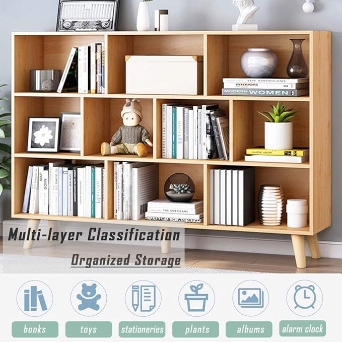 IOTXY Wooden Open Shelf Bookcase - 3-Tier Floor Standing Display Cabinet Rack with Legs, 10 Cubes Bookshelf, Pear Yellow - LeafyLoom