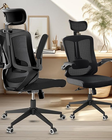 Office Chair 350LBS Capacity,Ergonomic Comfy Home Desk Chair,High Back Gaming Chair with Wheels,Mesh Computer Chair,Lumbar Support,Adjustable Headrest,Flip-up Armrest - LeafyLoom