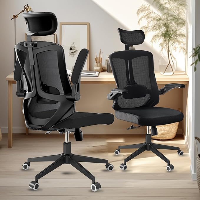 Office Chair 350LBS Capacity,Ergonomic Comfy Home Desk Chair,High Back Gaming Chair with Wheels,Mesh Computer Chair,Lumbar Support,Adjustable Headrest,Flip-up Armrest - LeafyLoom