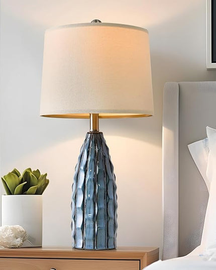 23.75" Modern Blue Ceramic Lamps Set of 2 for Living Room Study Room Office Dorm Farmhouse Nightstand, End Table Lamps - LeafyLoom