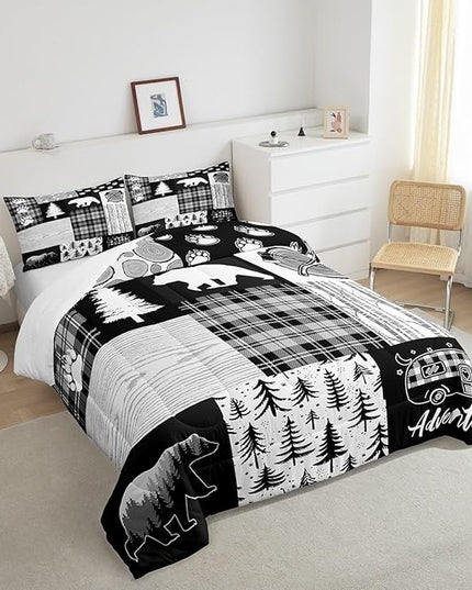 Bear Plaids Comforter Set Queen Size,Pine Trees Animals Hunting Bedding Set for Kids Boys Girls Adults Room Decor,Adventure Rustic Farmhouse Down Comforter,Black Retro Duvet Insert,2 Pillowcases - LeafyLoom