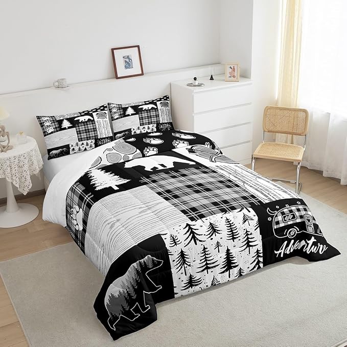 Bear Plaids Comforter Set Queen Size,Pine Trees Animals Hunting Bedding Set for Kids Boys Girls Adults Room Decor,Adventure Rustic Farmhouse Down Comforter,Black Retro Duvet Insert,2 Pillowcases - LeafyLoom