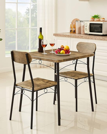 VECELO Dining Table Set for 2 Metal and Wood Square Kitchen Breakfast Nook, 3 Piece Dinette with Chairs, 27.5", Brown - LeafyLoom