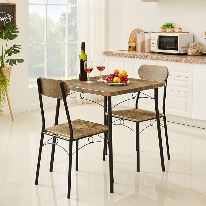 VECELO Dining Table Set for 2 Metal and Wood Square Kitchen Breakfast Nook, 3 Piece Dinette with Chairs, 27.5", Brown - LeafyLoom