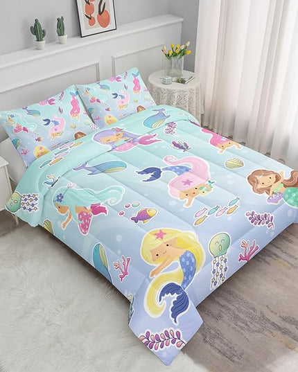 Datura home Mermaid Comforter Set, Kawaii Girls Blue Bedding with 2 Pillowcases, Queen 90x90inches - LeafyLoom