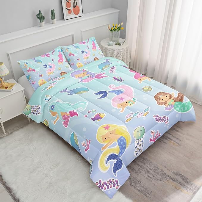 Datura home Mermaid Comforter Set, Kawaii Girls Blue Bedding with 2 Pillowcases, Queen 90x90inches - LeafyLoom