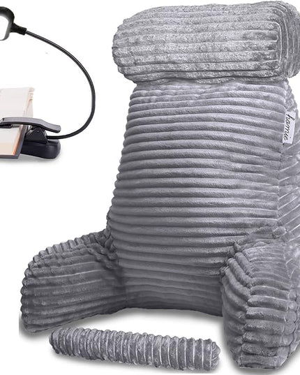 Homie Reading Pillow with Reading Light and Wrist Support, Has Arm Rests, and Back Support for Bed Rest, Lounging, Reading, Working on Laptop, Watching TV (Large, Gray) - LeafyLoom