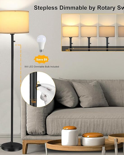 Floor Lamps for Living Room, Stepless Dimmable Standing Lamp, Modern Floor Lamp with Rotary Switch, White Linen Shade, 9W Led Bulb Included(1000LM,2700K), Tall Lamp for Bedroom, Office, Farmhouse - LeafyLoom