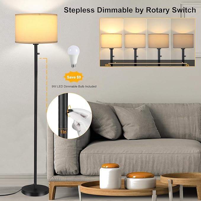 Floor Lamps for Living Room, Stepless Dimmable Standing Lamp, Modern Floor Lamp with Rotary Switch, White Linen Shade, 9W Led Bulb Included(1000LM,2700K), Tall Lamp for Bedroom, Office, Farmhouse - LeafyLoom