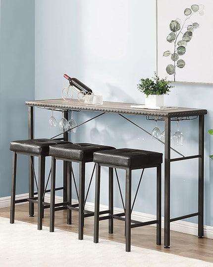 O&K FURNITURE 4 Piece Long Bar Table and Chairs Set, Counter Height Table with 3 Cushion Stools, Behind Couch Bar Table, Industrial Dining Table Sets for Breakfast Nook Living Room Small Space - LeafyLoom