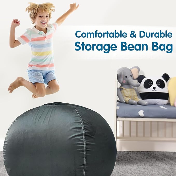 Lukeight Stuffed Animal Storage Bean Bag Chair Cover for Kids, Zipper Beanbag Chair Cover for Organizing Toddler & Kids' Rooms Plush Toys (Dark Gray Velvet, XX-Large) - LeafyLoom