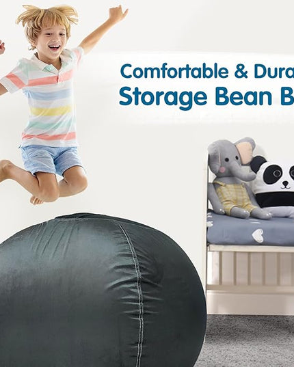 Lukeight Stuffed Animal Storage Bean Bag Chair Cover for Kids, Zipper Beanbag Chair Cover for Organizing Toddler & Kids' Rooms Plush Toys (Dark Gray Velvet, Large) - LeafyLoom