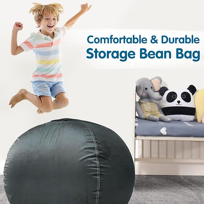 Lukeight Stuffed Animal Storage Bean Bag Chair Cover for Kids, Zipper Beanbag Chair Cover for Organizing Toddler & Kids' Rooms Plush Toys (Dark Gray Velvet, Large) - LeafyLoom