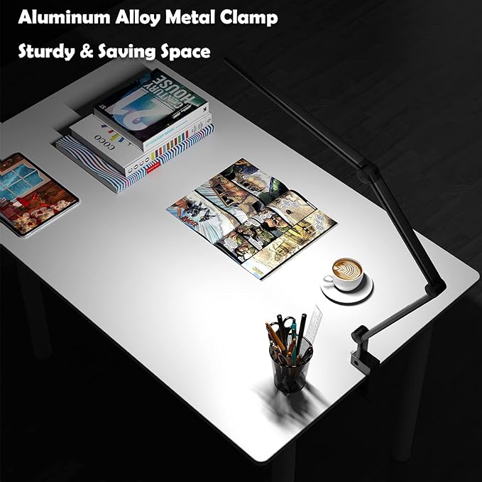 LED Desk Lamp, Desk Light for Home Office, Dual Light Source, Eye-Caring Optical Lens, 5 Color Modes & Brightness, 18W Brightest, Swing Arm Office Lamp, Puzzle Light, Clamp Lamp, Black - LeafyLoom