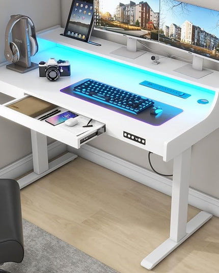 Vabches Standing Desk with Drawer, Stand Up Electric Standing Desk, Height Adjustable Stand Home Office Desk with LED Lights & Charging Station, Quick Install Ergonomic Rising Desk, White - LeafyLoom
