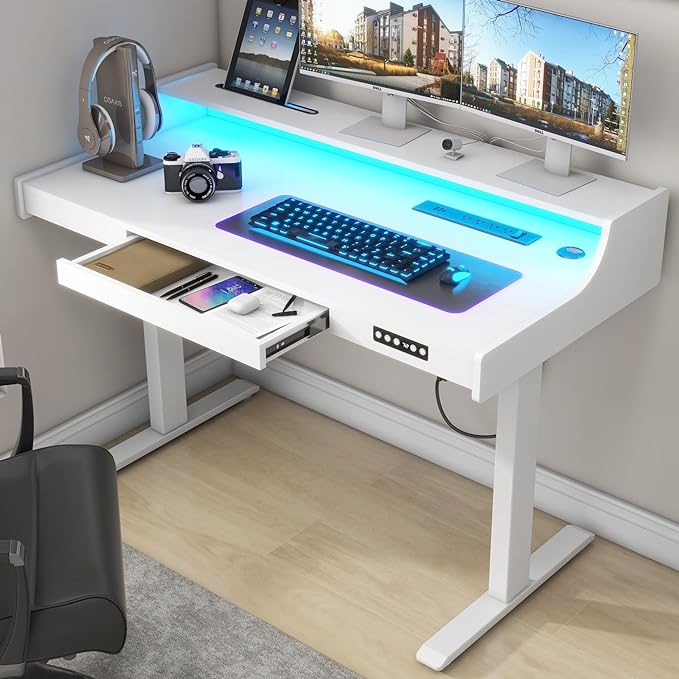 Vabches Standing Desk with Drawer, Stand Up Electric Standing Desk, Height Adjustable Stand Home Office Desk with LED Lights & Charging Station, Quick Install Ergonomic Rising Desk, White - LeafyLoom