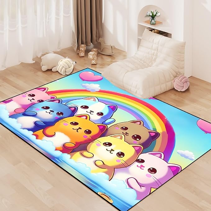 Cat Rainbow Rug for Girls Bedroom - Colorful Cat Area Rug Cat Rainbow Printed Carpet for Kids Room Cute Cartoon Cat Rug Home Decor, 2.5x4 Feet - LeafyLoom