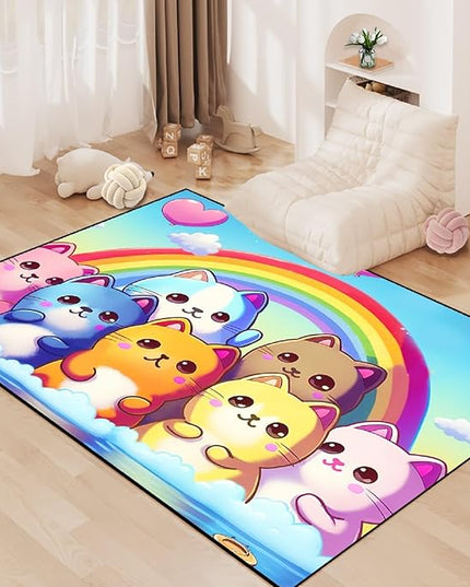 Cat Rainbow Rug for Girls Bedroom - Colorful Cat Area Rug Cat Rainbow Printed Carpet for Kids Room Cute Cartoon Cat Rug Home Decor, 4x5 Feet - LeafyLoom
