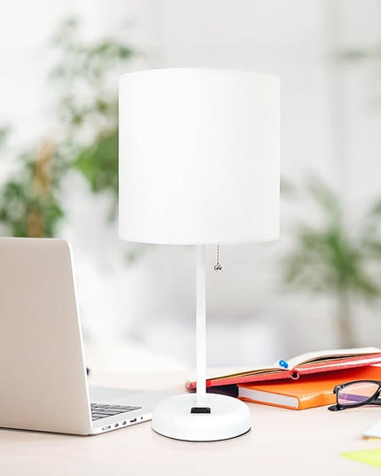 Simple Designs LT1144-WOW Sleek and Slender White Table Lamp with Charging Outlet for Bedroom, Living Room, Entryway, Office, Dining Room, Study, White Shade - LeafyLoom