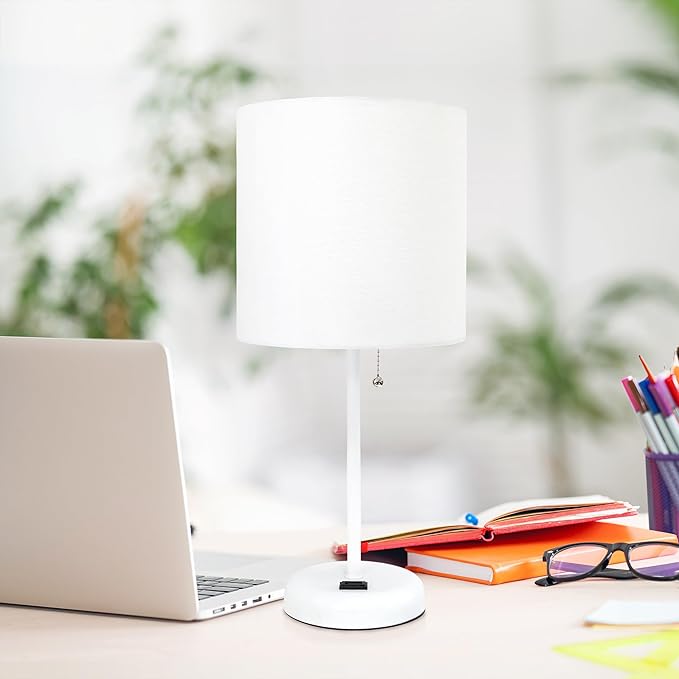 Simple Designs LT1144-WOW Sleek and Slender White Table Lamp with Charging Outlet for Bedroom, Living Room, Entryway, Office, Dining Room, Study, White Shade - LeafyLoom