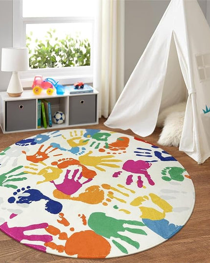 Large Round Rug for Classroom 6 Ft, Colorful Circle Rug for Nursery, Washable Kids Rug for Playroom, Soft Circular Carpet Handprints and Footprints Play Mat for Kids Bedroom Toy Room - LeafyLoom