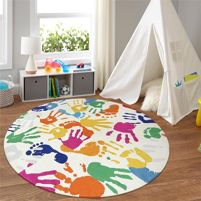 Colorful Round Kids Rug 5 Ft, Machine Washable Rug for Playroom, Non-Slip Circle Rugs for Classroom, Soft Circular Carpet Handprints and Footprints Play Mat for Nursery Bedroom Preschool - LeafyLoom