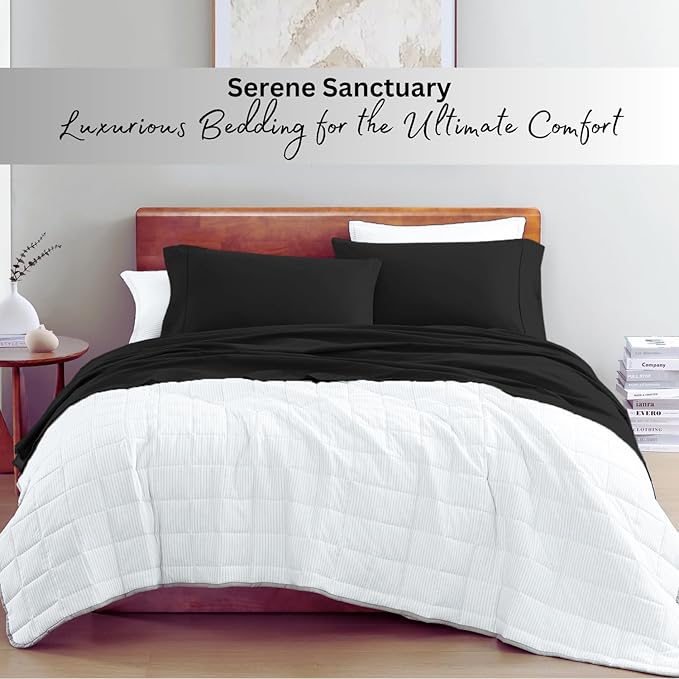 LANE LINEN 100% Organic Cotton Twin Bed Sheet Set, 3 Pc Twin Size Sheets Set, Soft & Breathable Twin Sheet Set Boys, Hotel Style Bedding Sheets & Pillowcases, 15" Deep Twin Fitted Sheet - Black - LeafyLoom