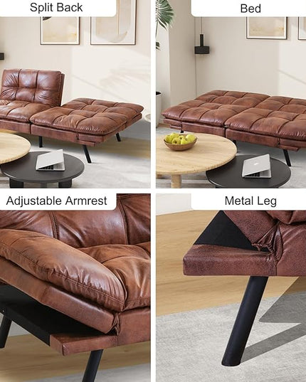 MUUEGM Futon Sofa Bed Couch - Convertible Sofa Bed, Loveseat Sleeper Sofa with Adjustable Backrest, Memory Foam Folding Futon for Living Room, Small Space, Apartment, PU Leather Brown - LeafyLoom