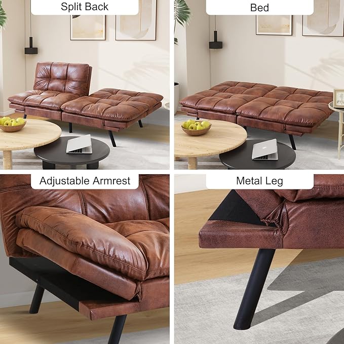 MUUEGM Futon Sofa Bed Couch - Convertible Sofa Bed, Loveseat Sleeper Sofa with Adjustable Backrest, Memory Foam Folding Futon for Living Room, Small Space, Apartment, PU Leather Brown - LeafyLoom