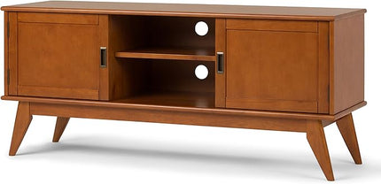 SIMPLIHOME Draper SOLID WOOD Universal TV Media Stand, 60 Inch Wide, Modern Industrial, Living Room Entertainment Center, for Flat Screen TVs up to 70 Inch in Teak Brown - LeafyLoom