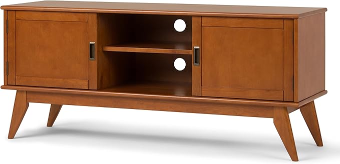 SIMPLIHOME Draper SOLID WOOD Universal TV Media Stand, 60 Inch Wide, Modern Industrial, Living Room Entertainment Center, for Flat Screen TVs up to 70 Inch in Teak Brown - LeafyLoom