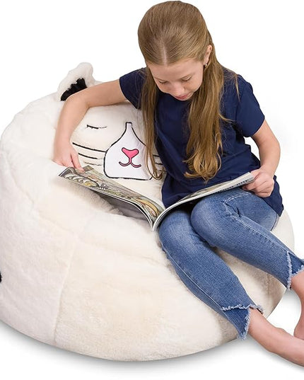 Posh Creations Cute Soft and Comfy Bean Bag Chair for Kids, Large, Animal - Ivory Cat - LeafyLoom
