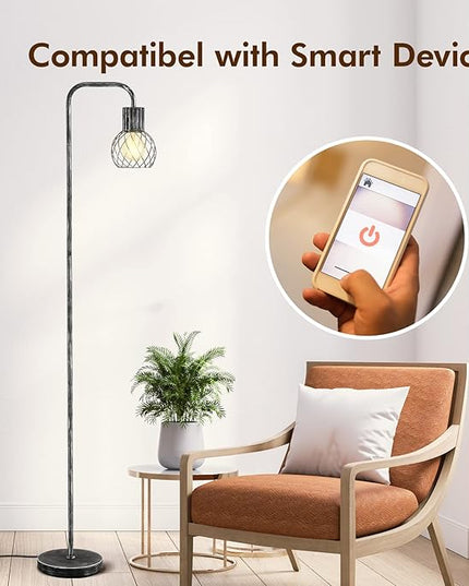 Industrial Floor Lamp, Antique Silver Standing Lamp Modern with 6W LED Bulb, Foot Switch, Metal Tall Lamps for Living Room, Bedroom, Office, Den, Vintage Stand Up Lamp, Minimalist Farmhouse Floor Lamp - LeafyLoom