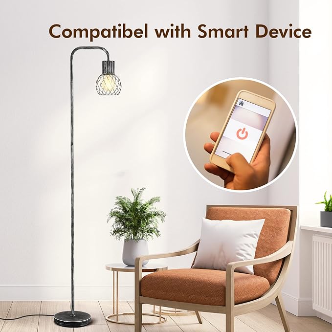 Industrial Floor Lamp, Antique Silver Standing Lamp Modern with 6W LED Bulb, Foot Switch, Metal Tall Lamps for Living Room, Bedroom, Office, Den, Vintage Stand Up Lamp, Minimalist Farmhouse Floor Lamp - LeafyLoom
