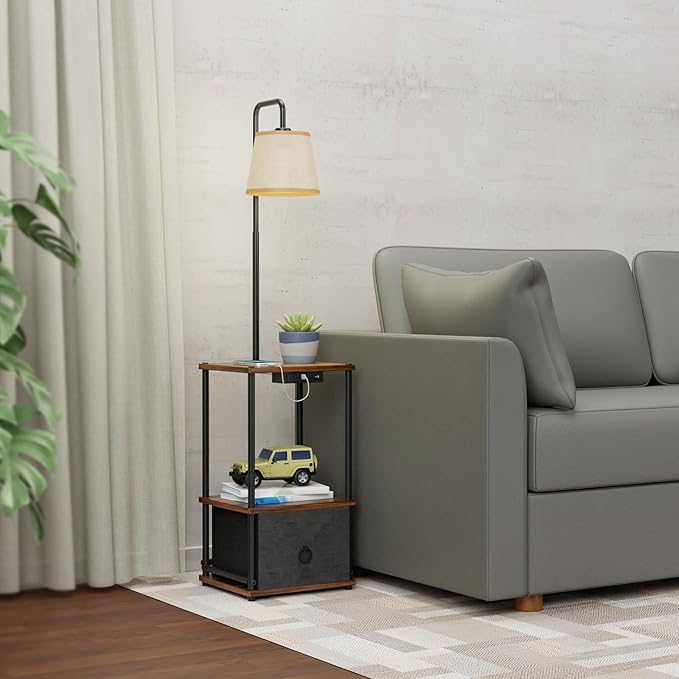 Floor Lamp with Table and Drawer - Floor Lamps for Living Room Bedroom, and Office - Night Stand with Charger Station for Living Room with USB & AC Ports - Side Table Lamp Nightstand Lamp - LeafyLoom