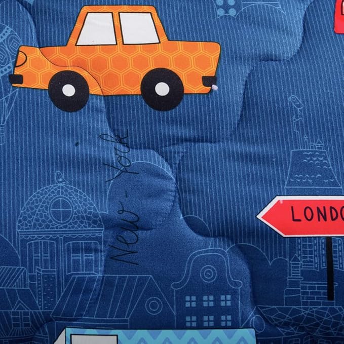 Wajade Cartoon Cars Comforter Set Bed in A Bag Twin Size Colorful Cars Bus Van Traffic Lights Bedding Set for Boys Kids (1 Comforter, 1 Flat Sheet, 1 Fitted Sheet, 2 Pillowcase and 2 Pillow Sham) - LeafyLoom