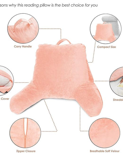 Clara Clark Reading Pillow, Standard Back Pillow for Sitting Up in Bed, Memory Foam Back Support Pillow, Reading Pillows for Sitting in Bed, Peach Sit Up Pillow for Bed Chair Arm Pillow with Pockets - LeafyLoom