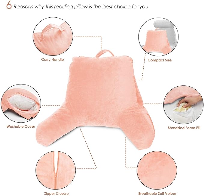 Clara Clark Reading Pillow, Standard Back Pillow for Sitting Up in Bed, Memory Foam Back Support Pillow, Reading Pillows for Sitting in Bed, Peach Sit Up Pillow for Bed Chair Arm Pillow with Pockets - LeafyLoom