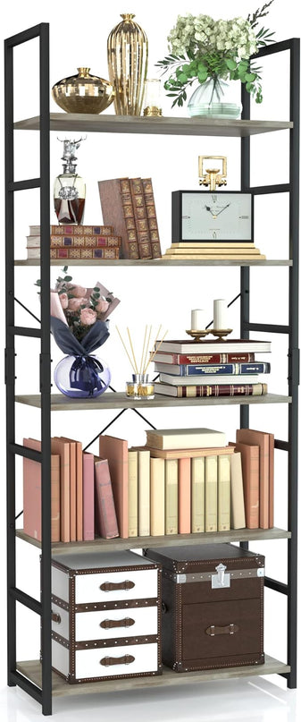 NUMENN 5 Tier Bookshelf, Tall Bookcase Shelf Storage Organizer, Modern Book Shelf for Bedroom, Living Room and Home Office, Grey - LeafyLoom