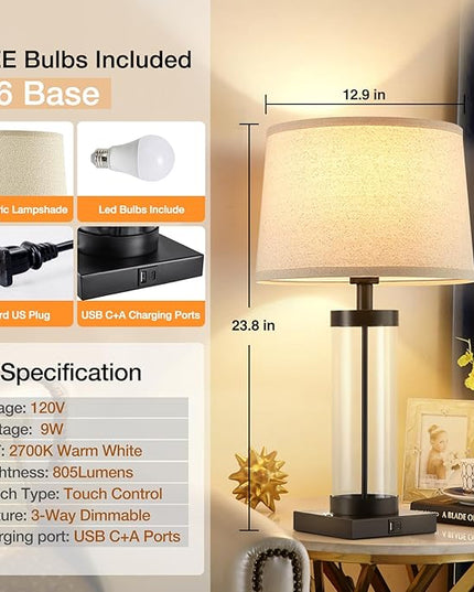 Nightstand Table Lamps for Bedrooms Set of 2 - 3 Way Dimmable Touch Bedside Lamps with USB C+A & Outlets, Black Living Room Lamps with Glass Body for End Tables, Modern Night Stand Lamps for Bedside - LeafyLoom