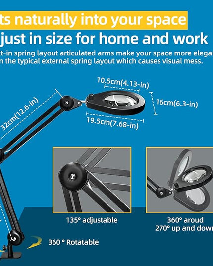 Magnifying Lamp, 10X Illuminated Magnifier Lamp with Internal Spring Swing Arm and Desk Edge Clamp - LeafyLoom