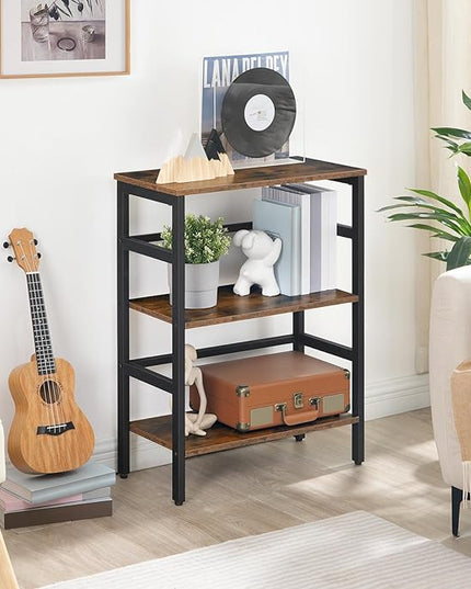 HOOBRO 3 Tier Bookshelf, Industrial Bookcase, Record Storage Rack with Side Fence, Wood Storage Shelf with Metal Frame, Rustic Open Display Shelf for Living Room, Bedroom, Rustic Brown BF86CJ01 - LeafyLoom