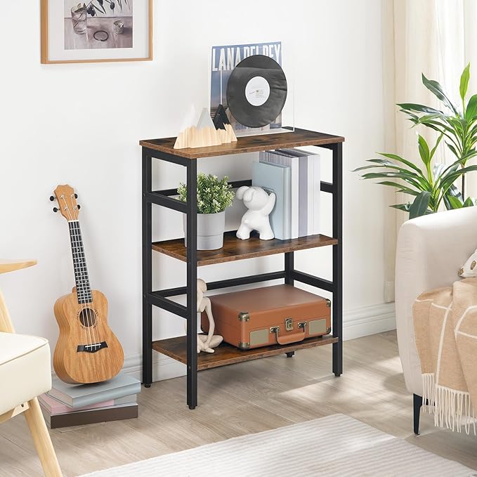 HOOBRO 3 Tier Bookshelf, Industrial Bookcase, Record Storage Rack with Side Fence, Wood Storage Shelf with Metal Frame, Rustic Open Display Shelf for Living Room, Bedroom, Rustic Brown BF86CJ01 - LeafyLoom