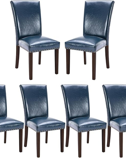 COLAMY Upholstered Parsons Dining Chairs Set of 6, PU Leather Dining Room Kitchen Side Chair with Nailhead Trim and Wood Legs - Blue - LeafyLoom