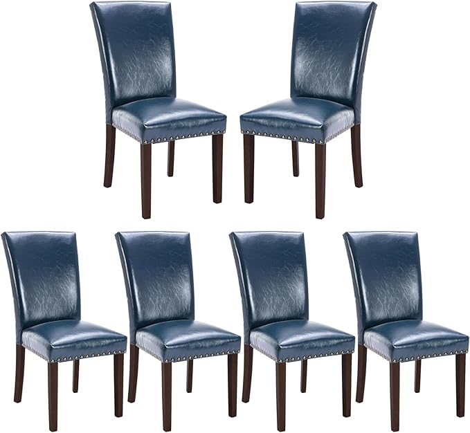 COLAMY Upholstered Parsons Dining Chairs Set of 6, PU Leather Dining Room Kitchen Side Chair with Nailhead Trim and Wood Legs - Blue - LeafyLoom
