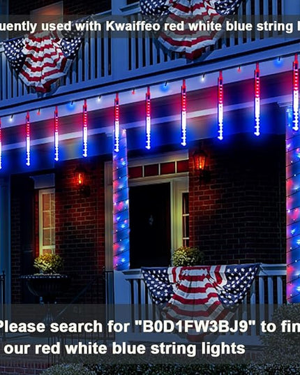Kwaiffeo 4th of July Decorations Outdoor, Red White Blue Meteor Shower Lights for Independence National Memorial Day, Patriotic Flag Lights for 2024 American President Election Campaign, 8 Tubes Kwaiffeo