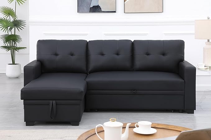 82" L Shaped Pull Out Couch Bed with Storage Chaise,Faux Leather Upholstered Convertible Sectional Sofa W/ 3 Removable Back Cushions for Living Room,Apartment,Office,Black - LeafyLoom